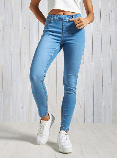 Solid Mid-Rise BCI Cotton Denim Jeggings with Elasticated Waistband-Jeggings-image-0