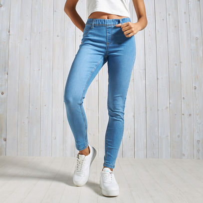 Solid Mid-Rise BCI Cotton Denim Jeggings with Elasticated Waistband