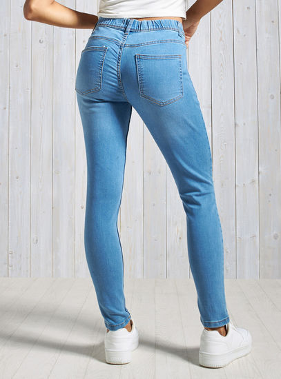 Solid Mid-Rise BCI Cotton Denim Jeggings with Elasticated Waistband