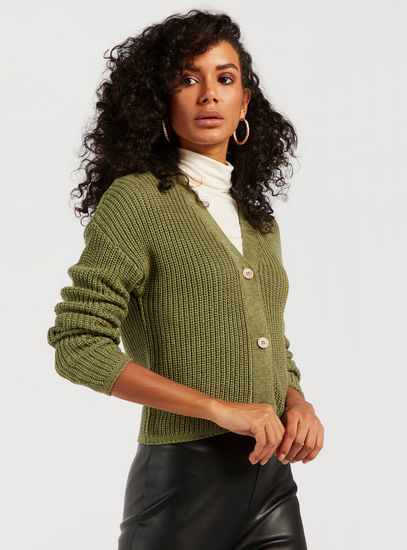Textured Cardigan with Long Sleeves and Button Detail-Sweaters & Cardigans-image-1