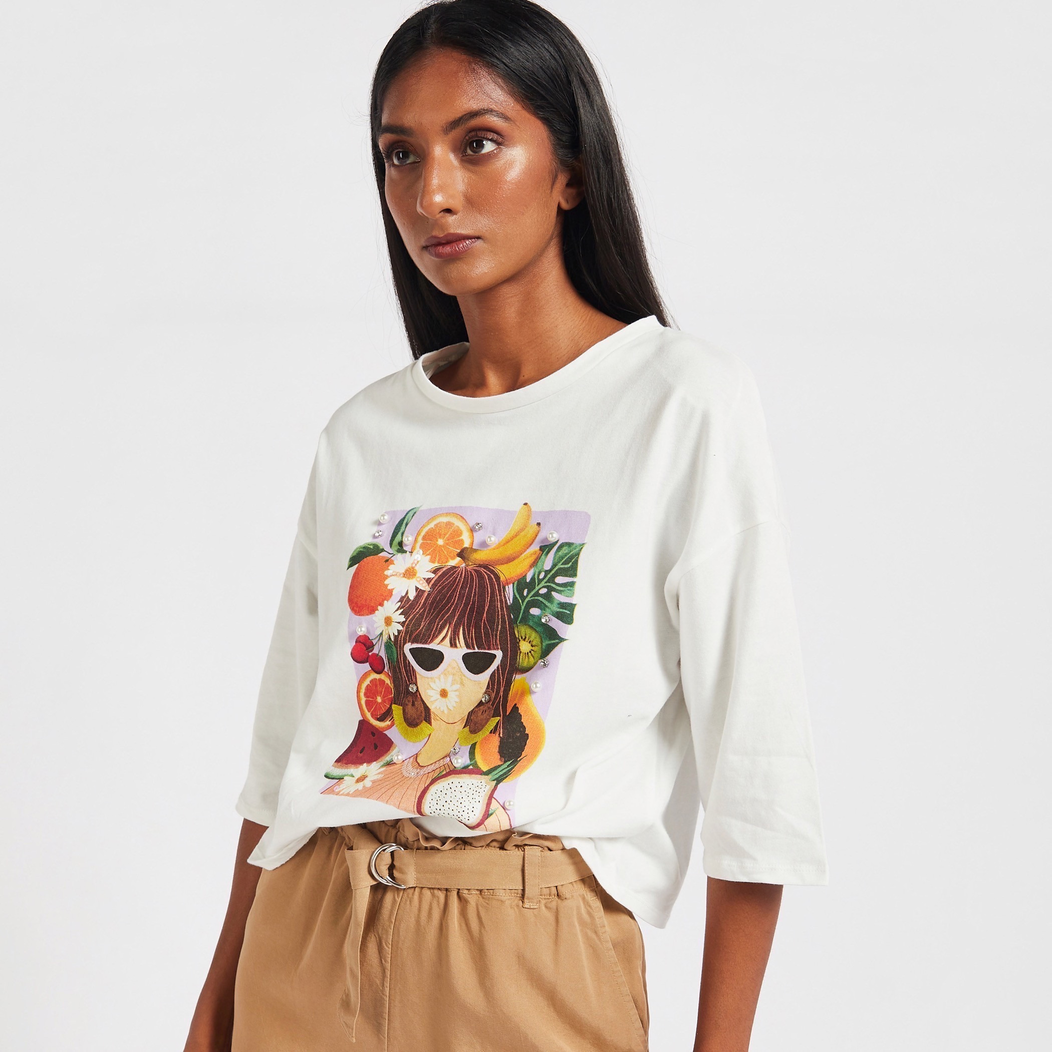 Shop Fruit Graphic Print Boxy T-shirt with 3/4 Sleeves