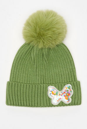 Butterfly Embellished Beanie Cap with Pom Detail