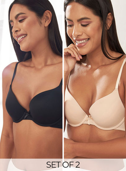 Set of 2 - Solid Padded Plunge Bra with Hook and Eye Closure
