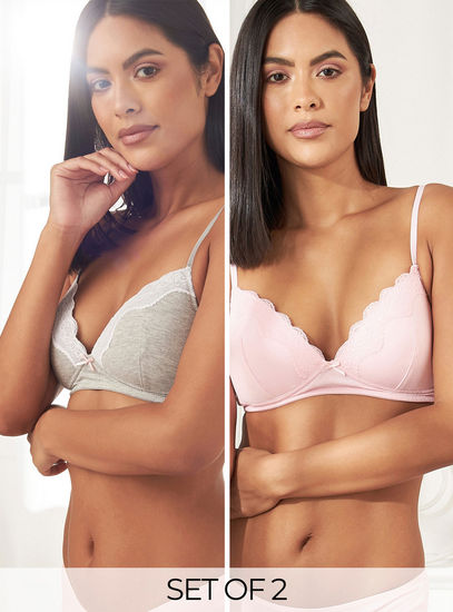 Set of 2 - Lace Detail A-frame Bra with Hook and Eye Closure