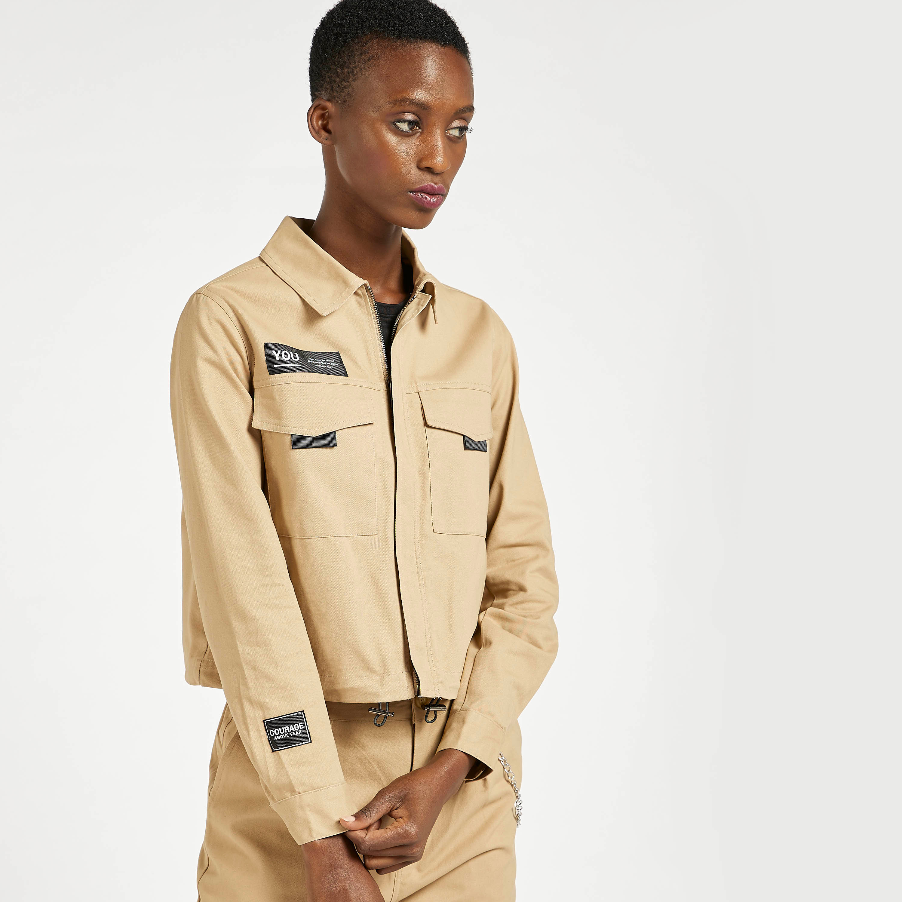 Shop Solid Zip Through Boxy Jacket with Channel Hem and Collar Online Max Kuwait