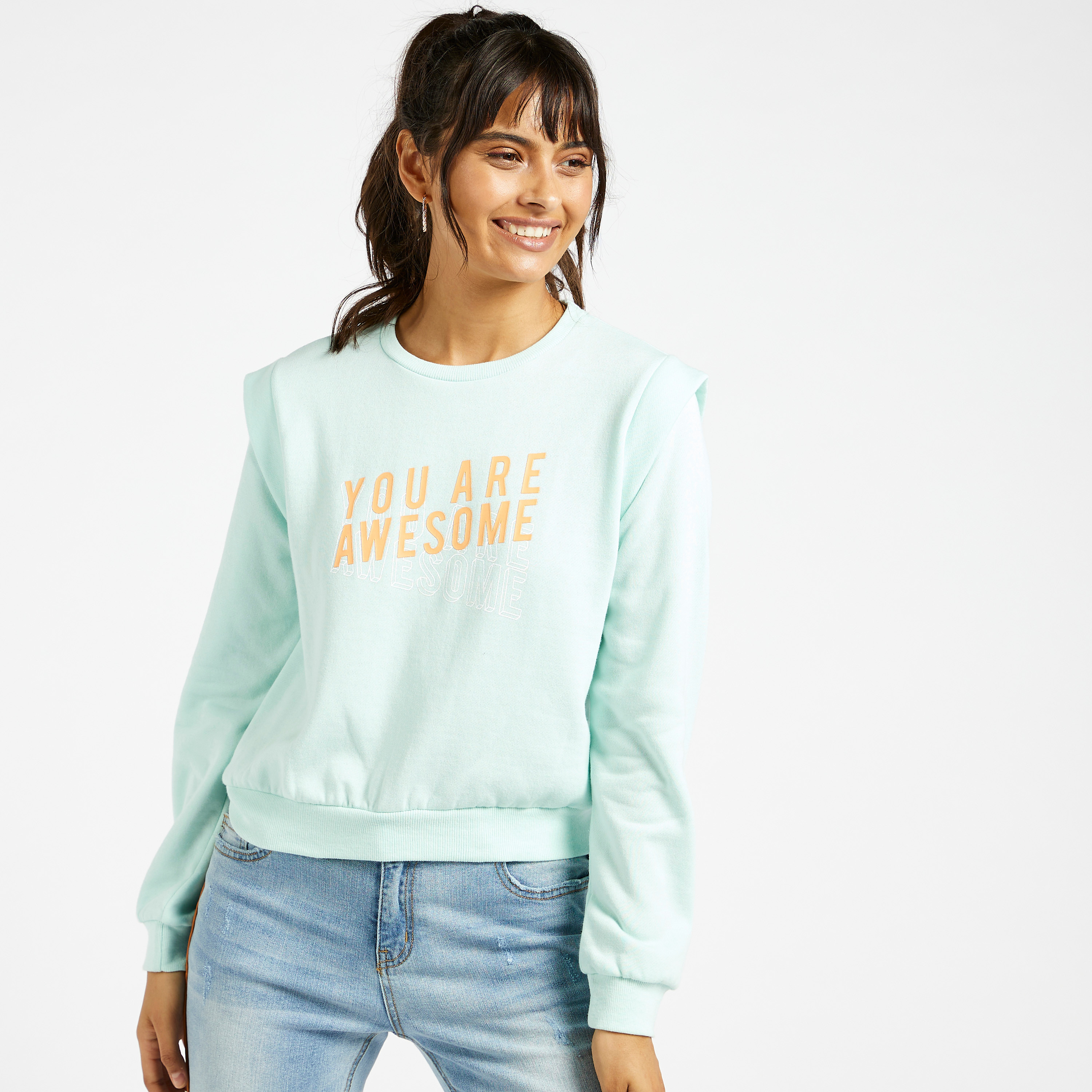 Shop Slogan Print Regular Fit Sweat Top with Power Shoulder Online | Max  Oman