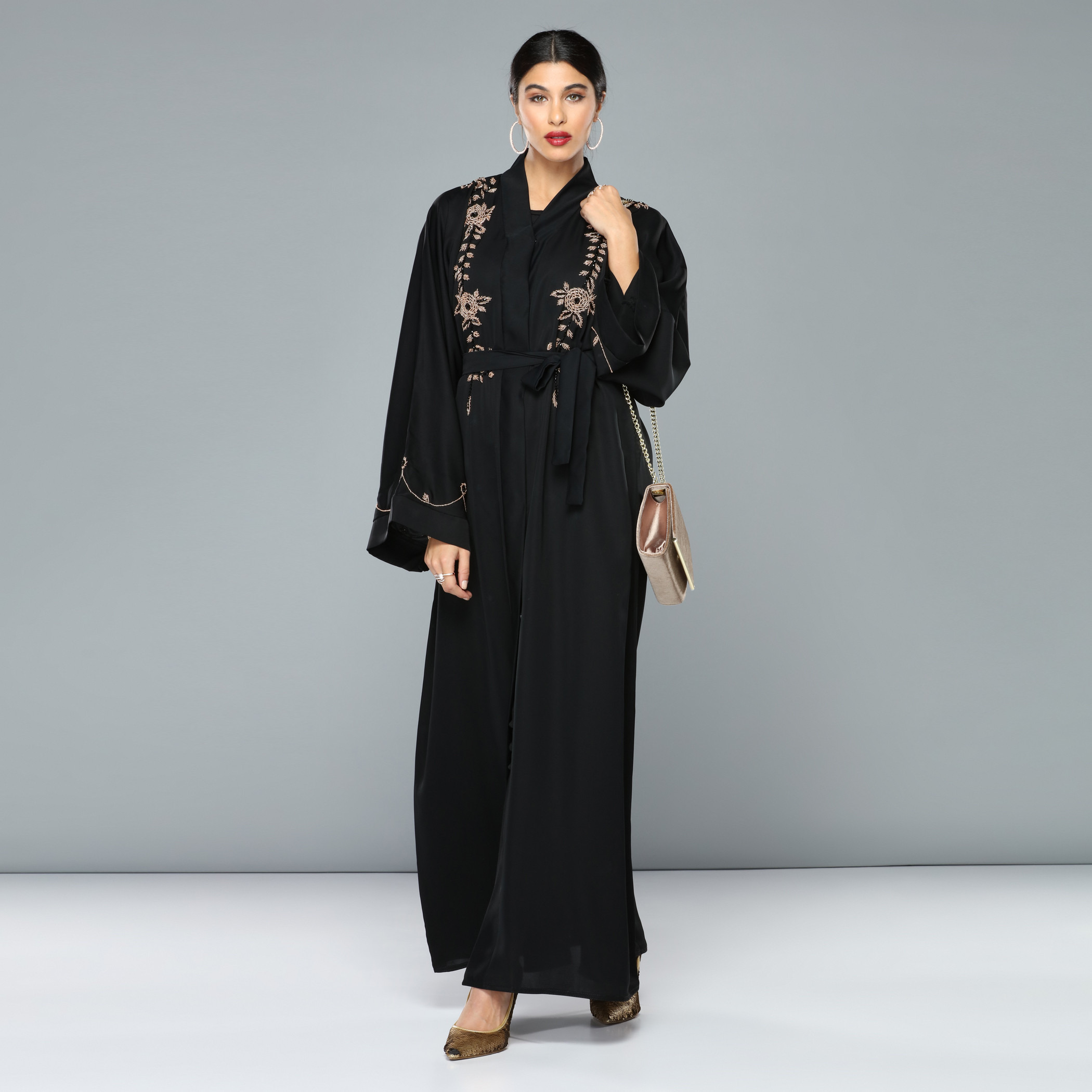 Black Pearl Full-Length Abaya Decorated with Beads, Beige Placket and Cuffs / Modern Trendy Dubai store Abaya / Black Abaya Dress