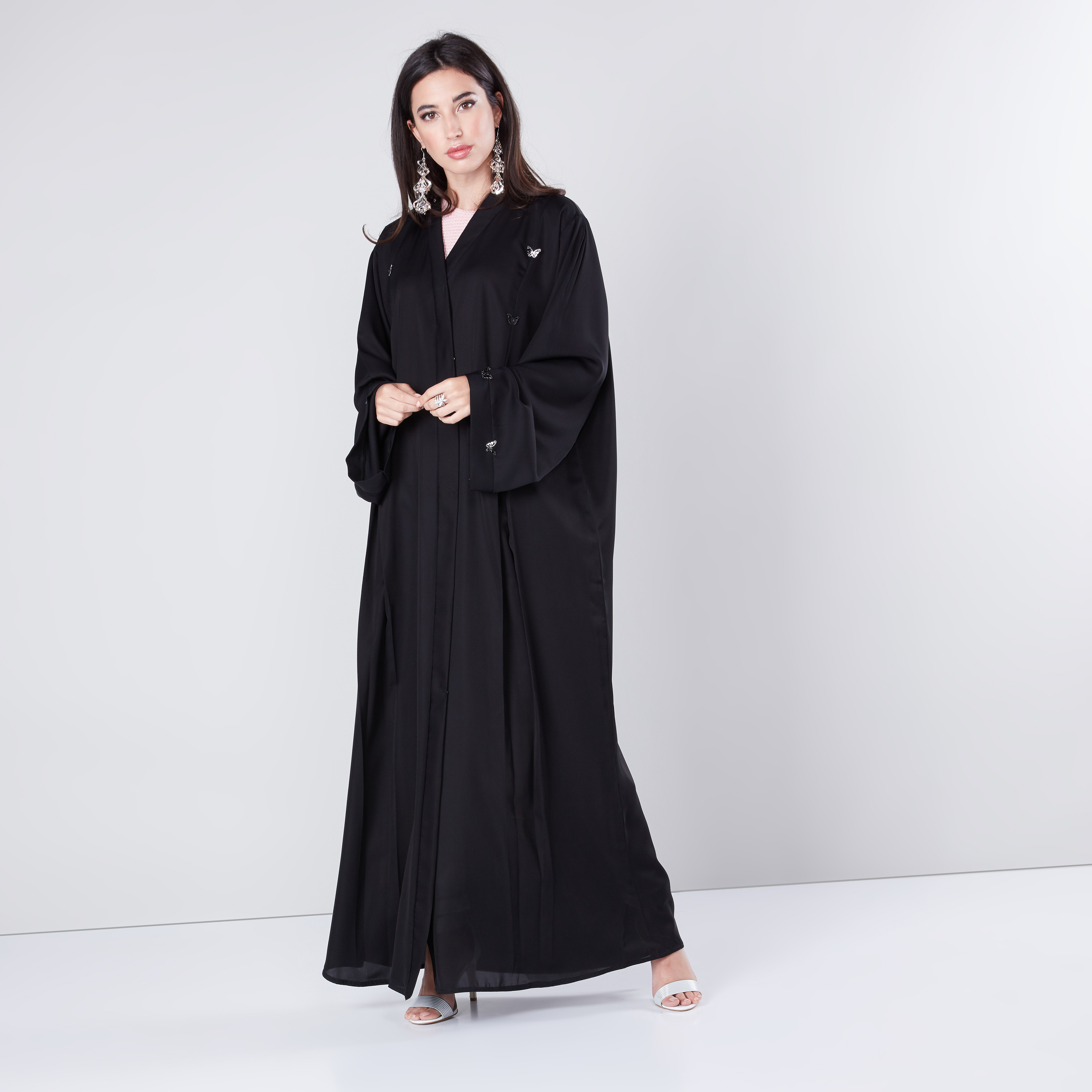 Shop Embellished Abaya with Long Sleeves and Button Up Closure