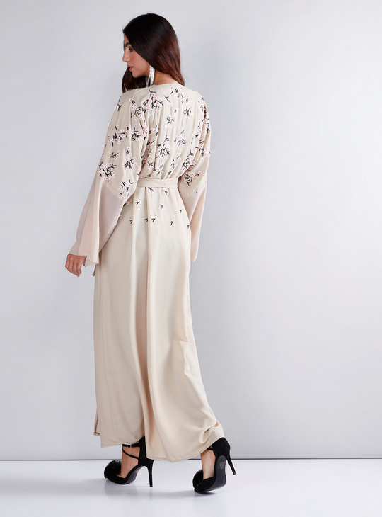 Embroidered Abaya with Flared Sleeves and Tie Up Belt