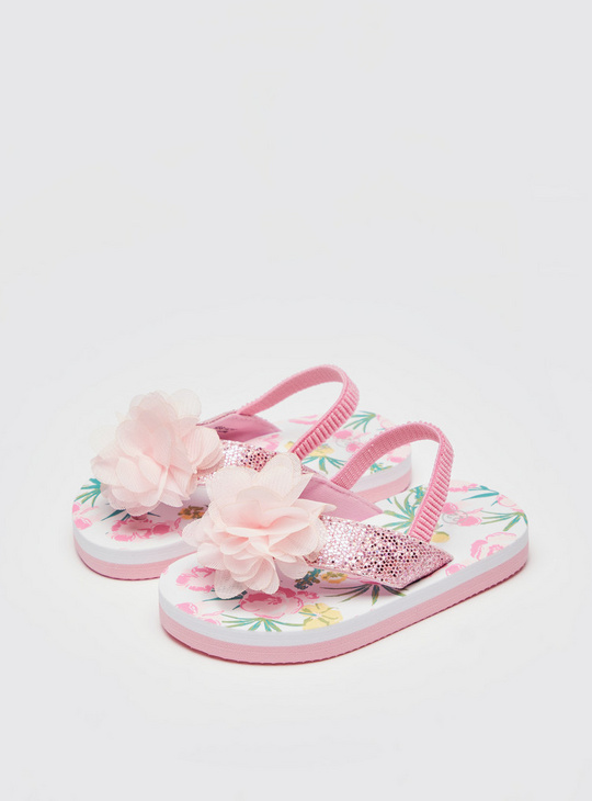 Embellished Slingback Beach Slippers with Floral Accent