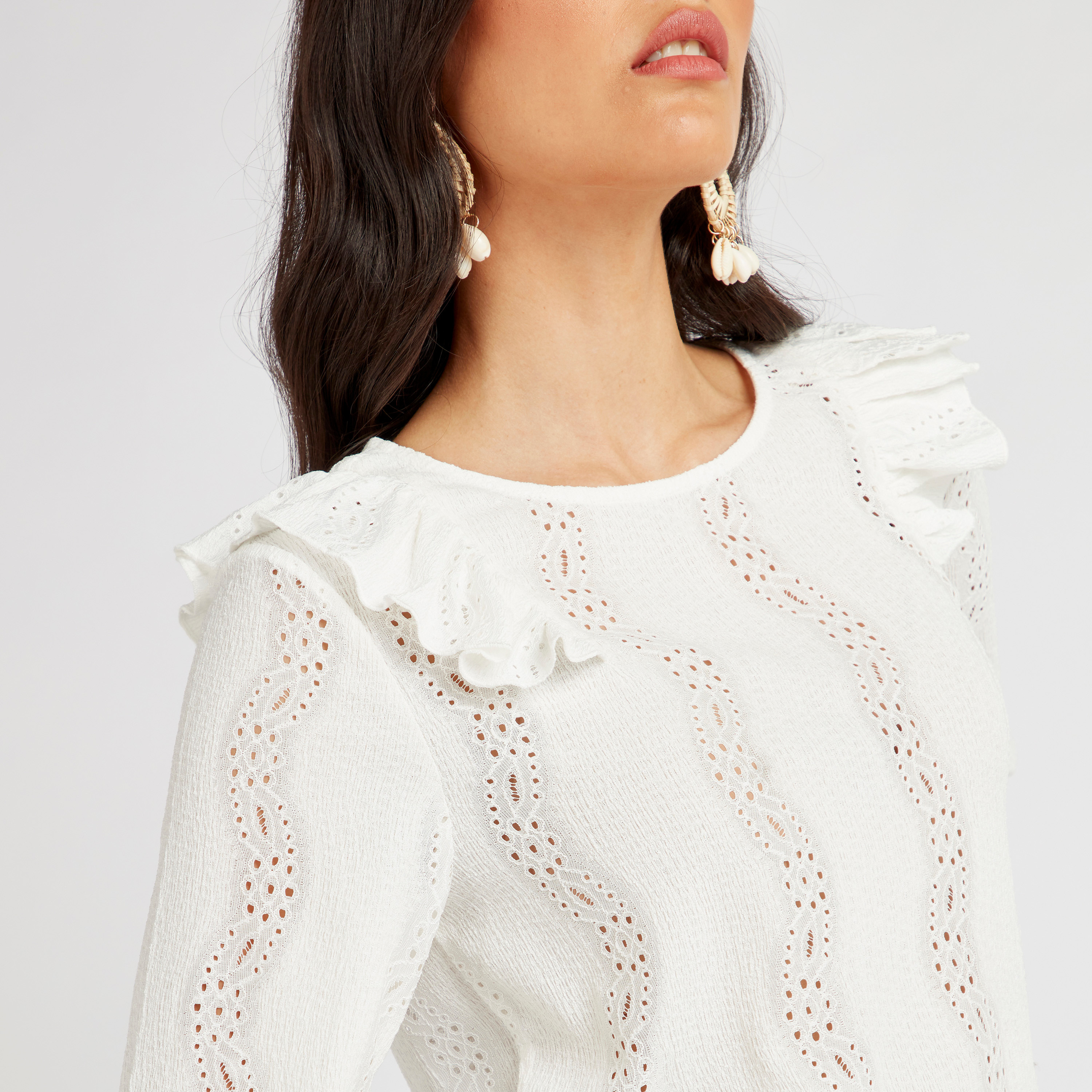 Shop Textured Broderie Anglaise Top with 3/4 Sleeves Online | Max 