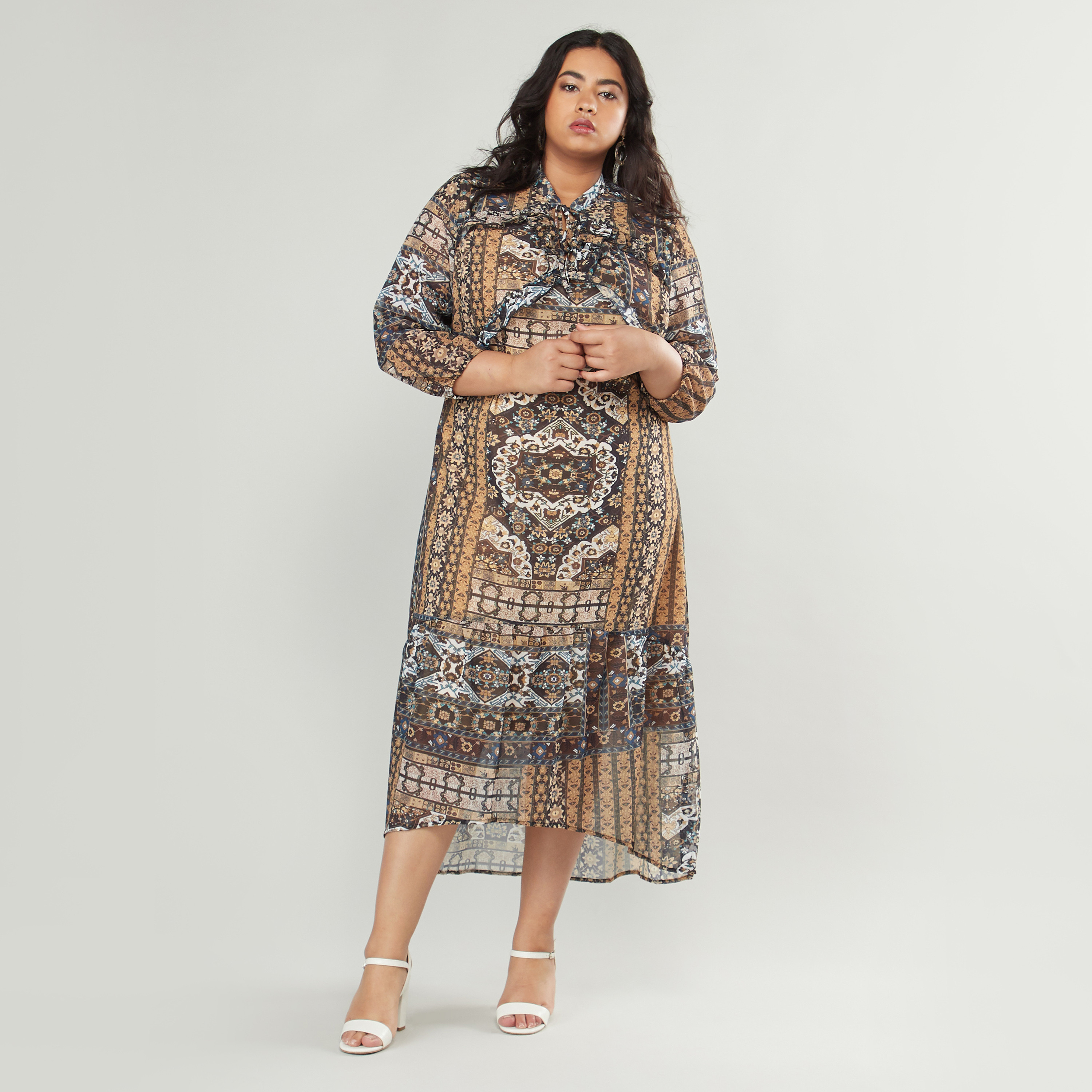 Shop Printed A line Midi Dress with 3 4 Sleeves Online Max UAE