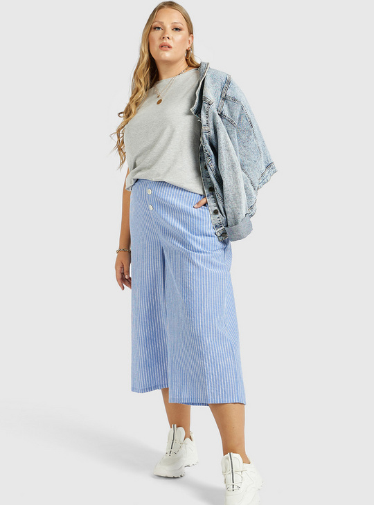 Striped Chambray Culottes with Pockets and Button Detail