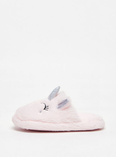 Unicorn Plush Textured Bedroom Slide Slippers with Ear Applique Detail-Bedroom Slippers-image-0
