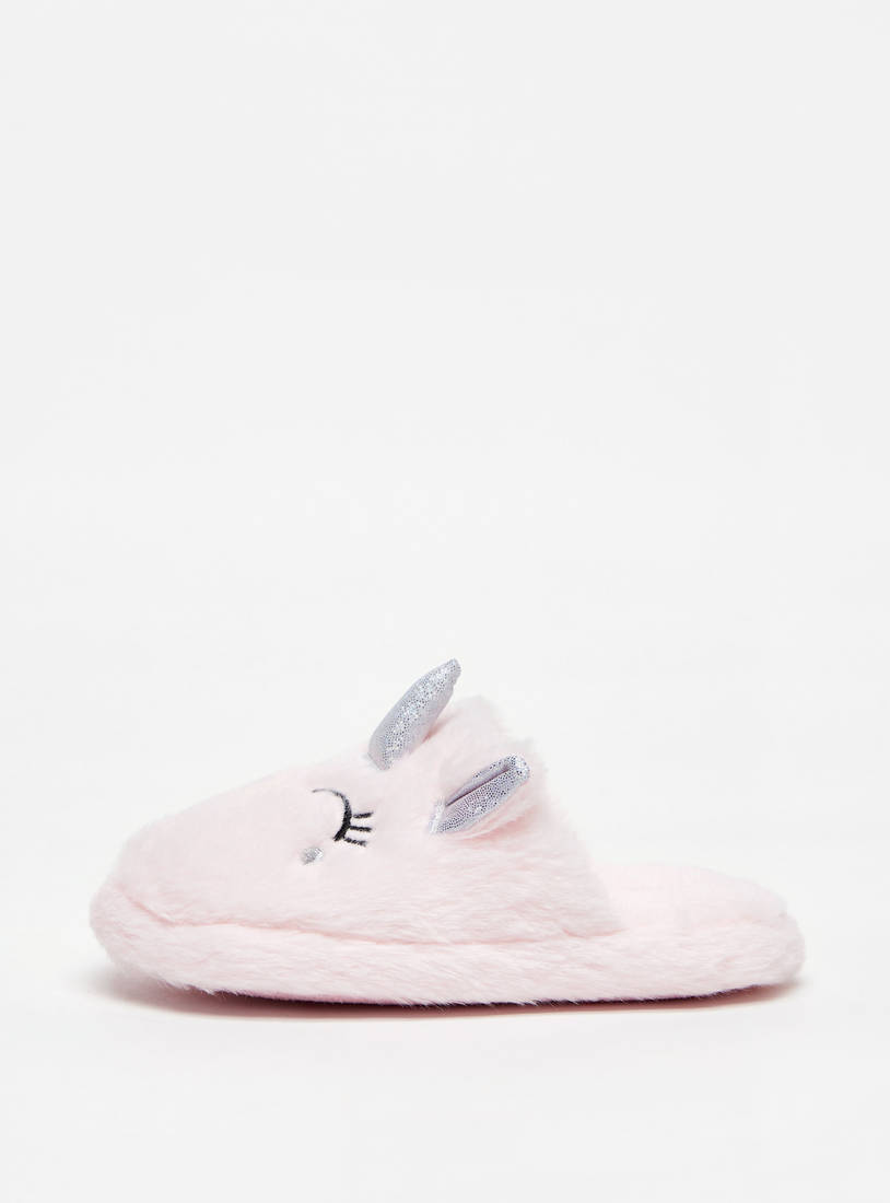 Unicorn Plush Textured Bedroom Slide Slippers with Ear Applique Detail-Bedroom Slippers-image-0