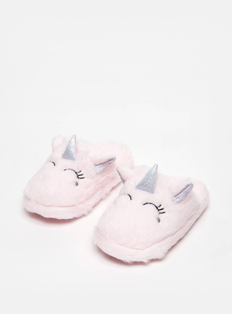 Unicorn Plush Textured Bedroom Slide Slippers with Ear Applique Detail-Bedroom Slippers-image-1