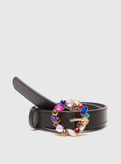 Solid Waist Belt with Embellished Pin Buckle Closure-Belts-image-0