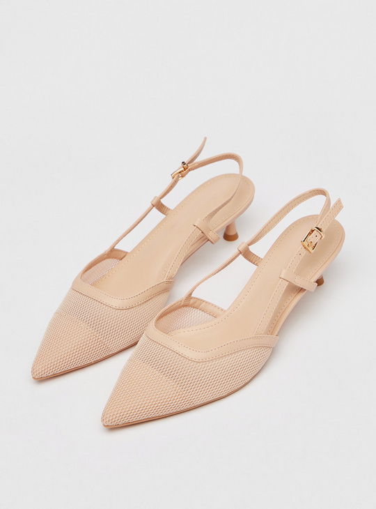 Pointed Toe Mules with Kitten Heel and Buckle Closure