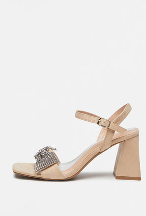 Bow Embellished Sandals with Block Heels and Buckle Closure
