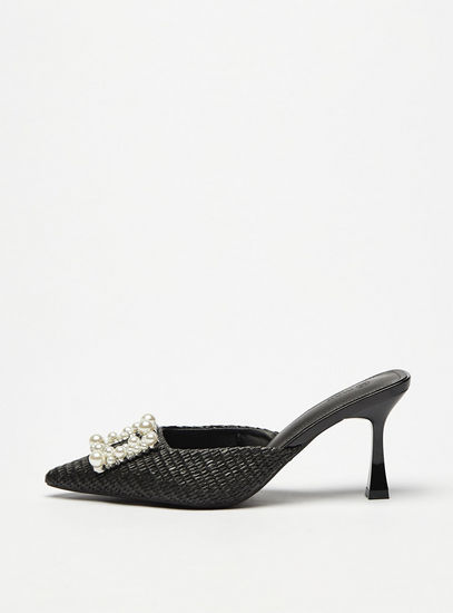 Pearl Embellished Pointed Toe Slip-On Shoes with Flared Heels-Heels-image-0