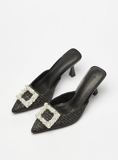 Pearl Embellished Pointed Toe Slip-On Shoes with Flared Heels-Heels-image-1
