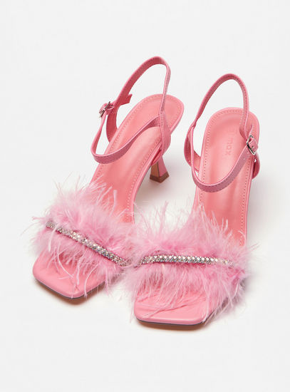 Studded Fur Detail Stiletto Heels with Ankle Straps-Heels-image-1