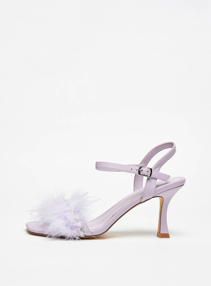 Embellished Spool Heels Sandals with Buckle Closure and Feather Detail-Sandals-image-0