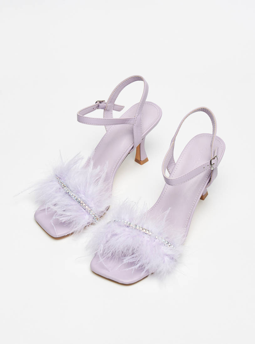 Embellished Spool Heels Sandals with Buckle Closure and Feather Detail-Sandals-image-1
