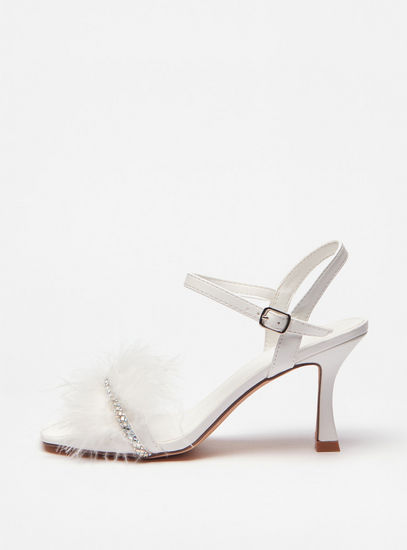 Studded Fur Detail Stiletto Heels with Ankle Straps-Heels-image-0