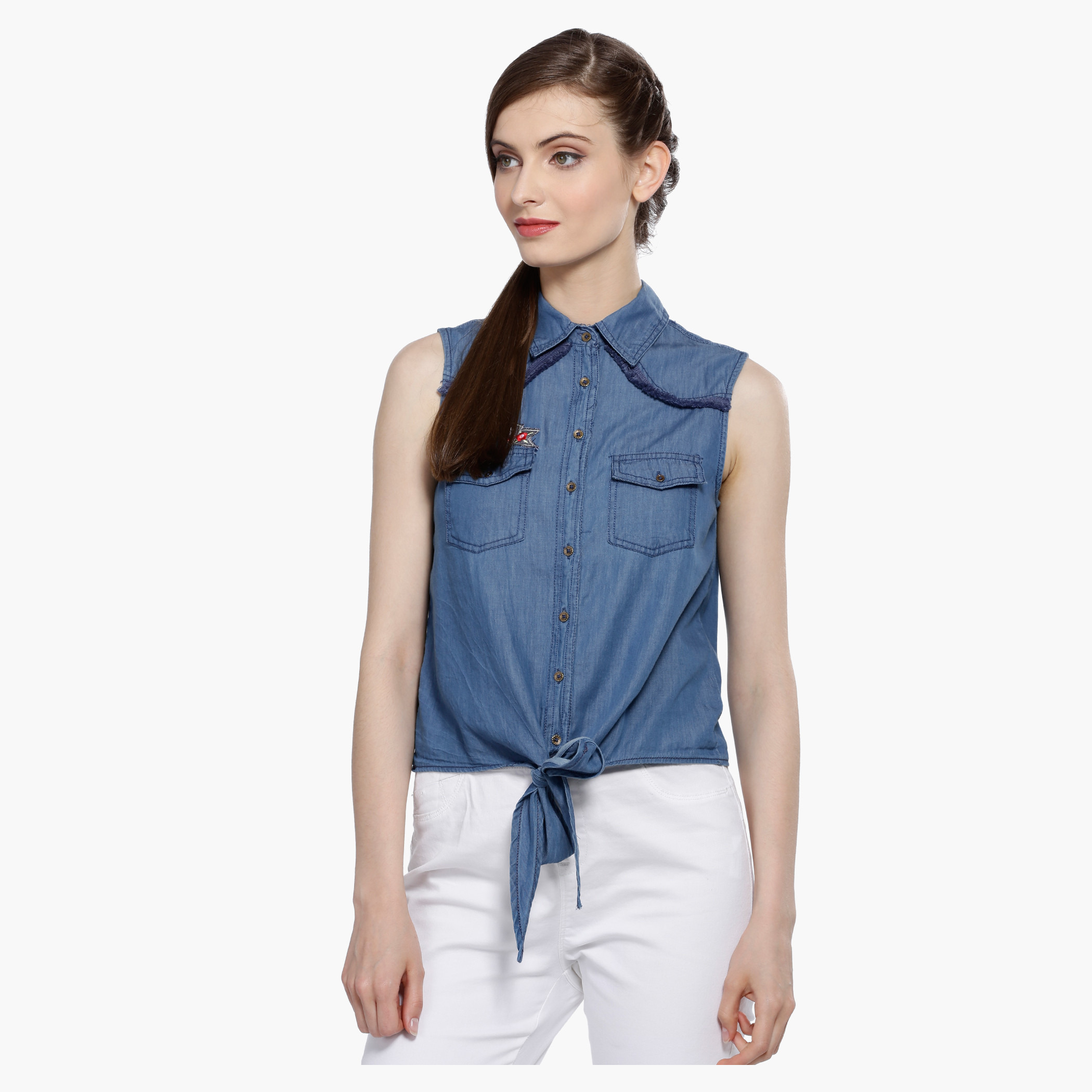 Jean sleeveless sale shirt