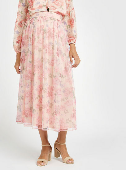Floral Print Midi A-line Maternity Skirt with Semi-Elasticated Waist