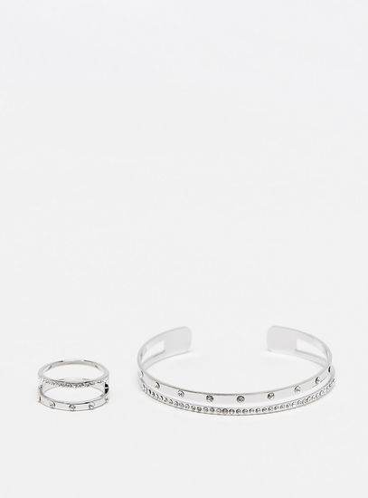 Crystal Studded Cuff Bracelet and Ring Set