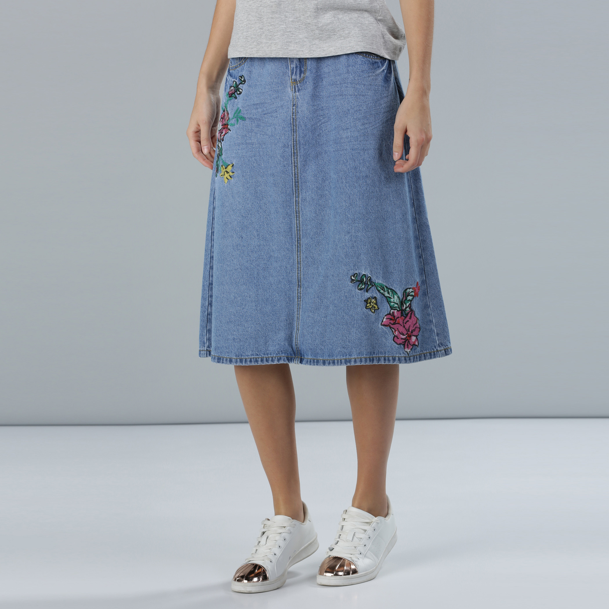 Shop Floral Embroidered A Line Midi Denim Skirt Online Max Qatar