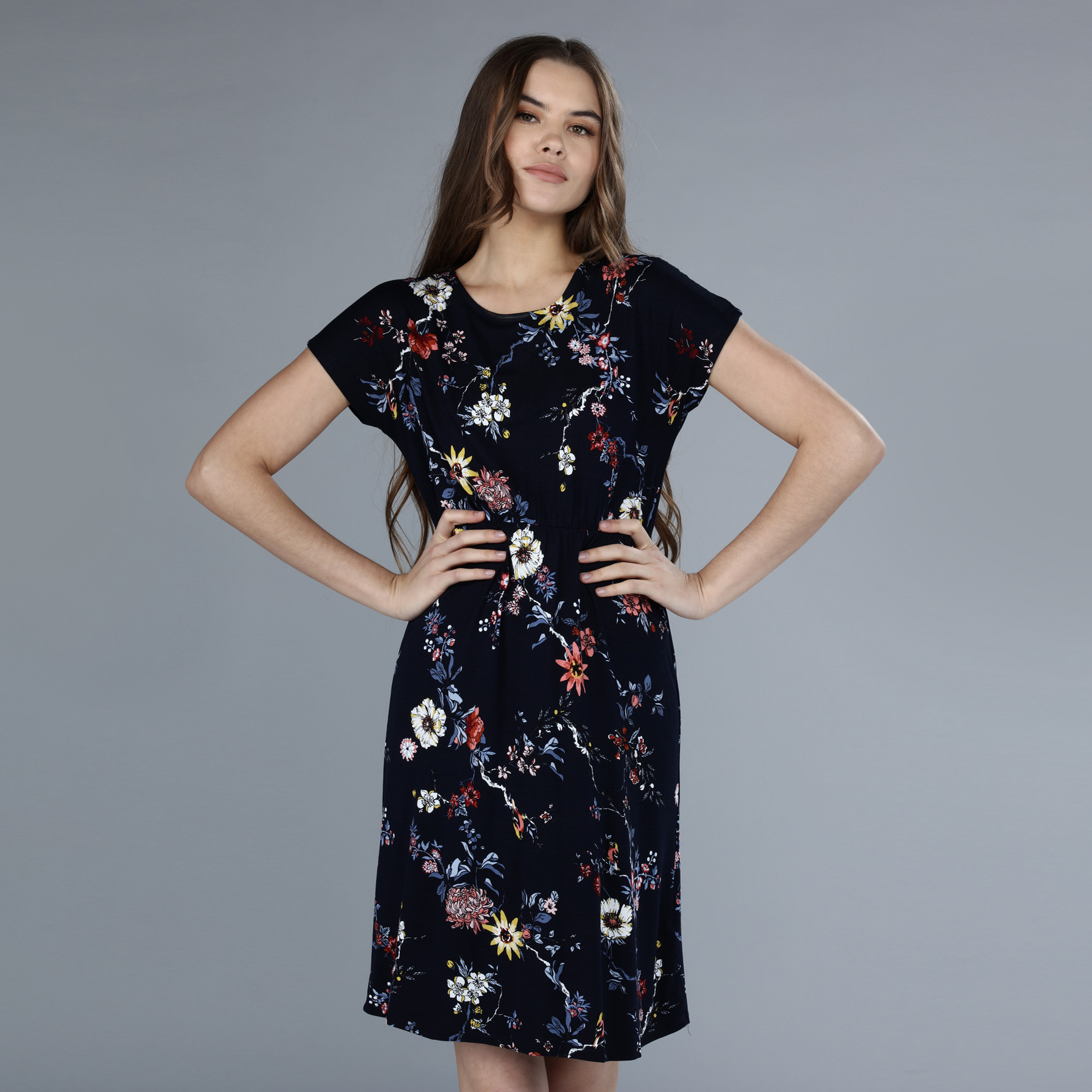 Shop Printed Midi Dress with Cap Sleeves Online Max Bahrain