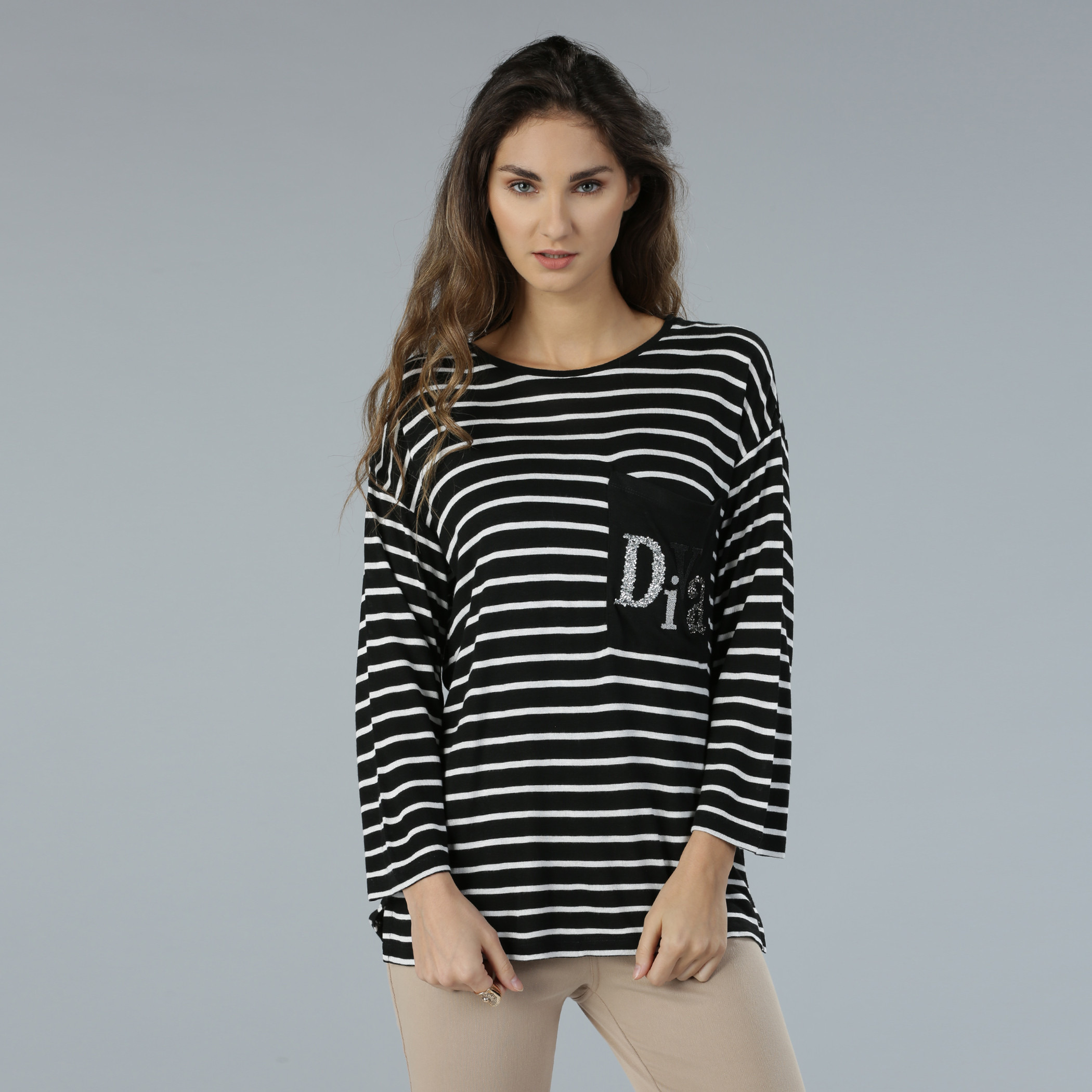 Shop Striped Drop Shoulders Long Sleeves T-Shirt with Embellished