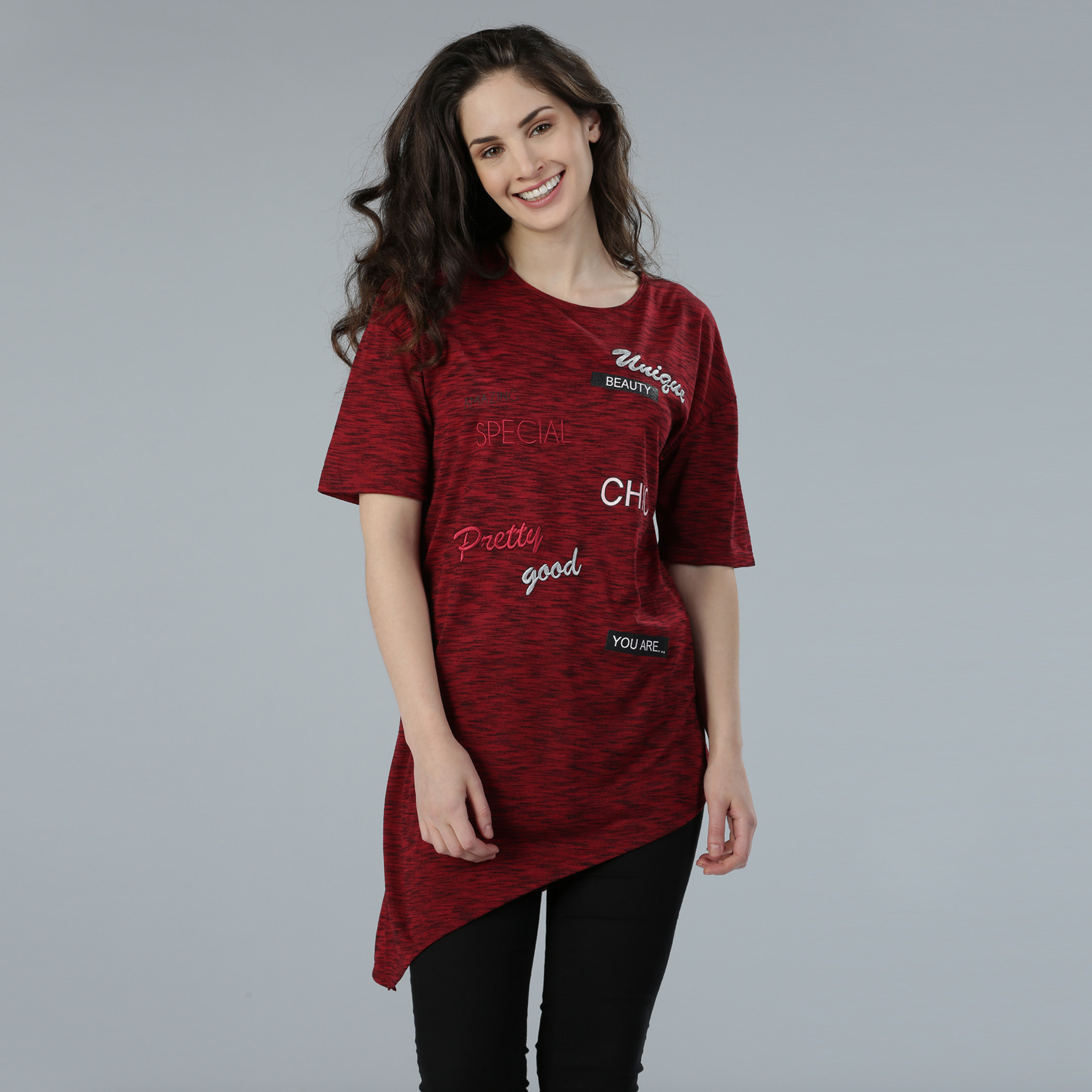 Shop Printed Round Neck Top with Asymmetrical Hem Online Max Bahrain