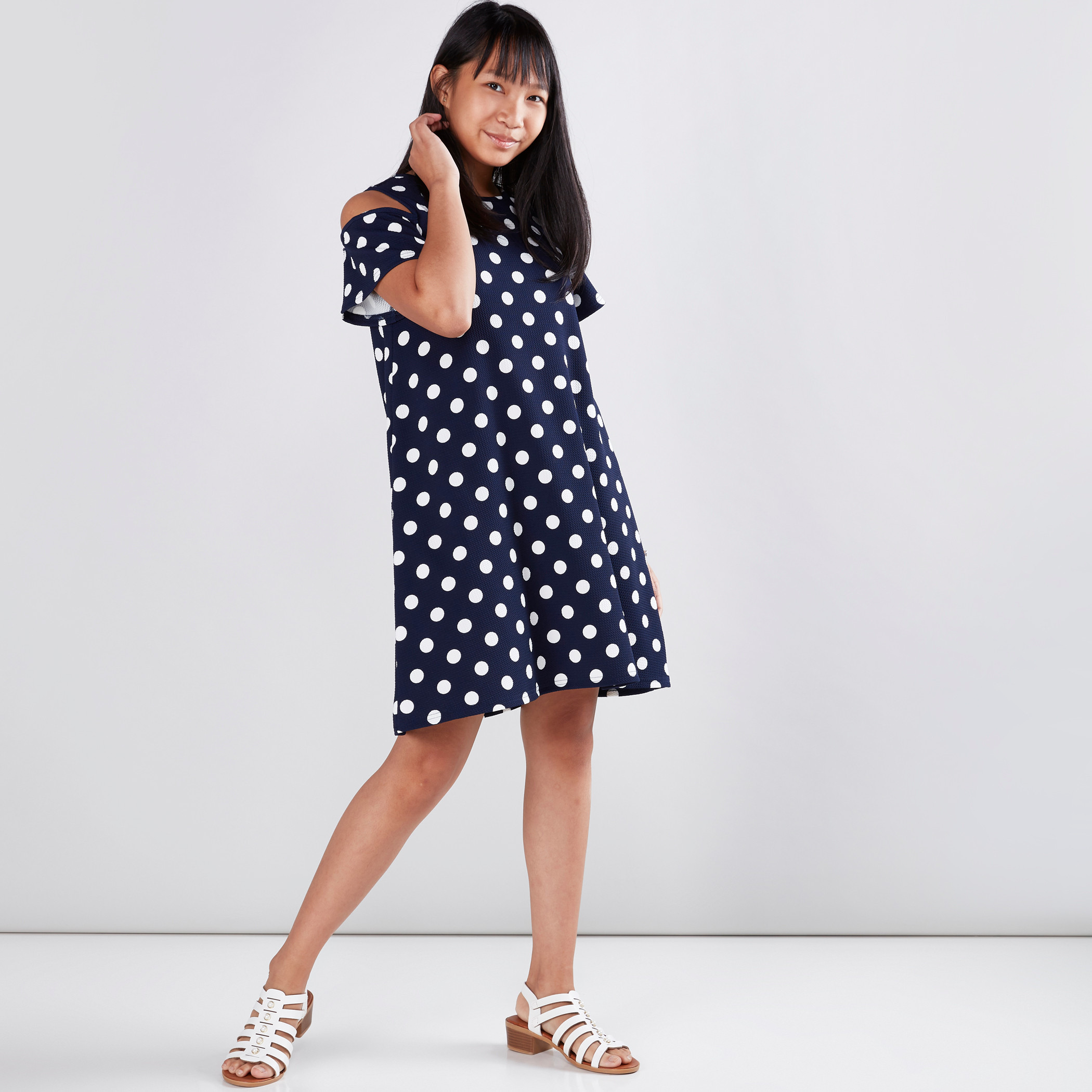 Polka dot cold shoulder dress hot sale