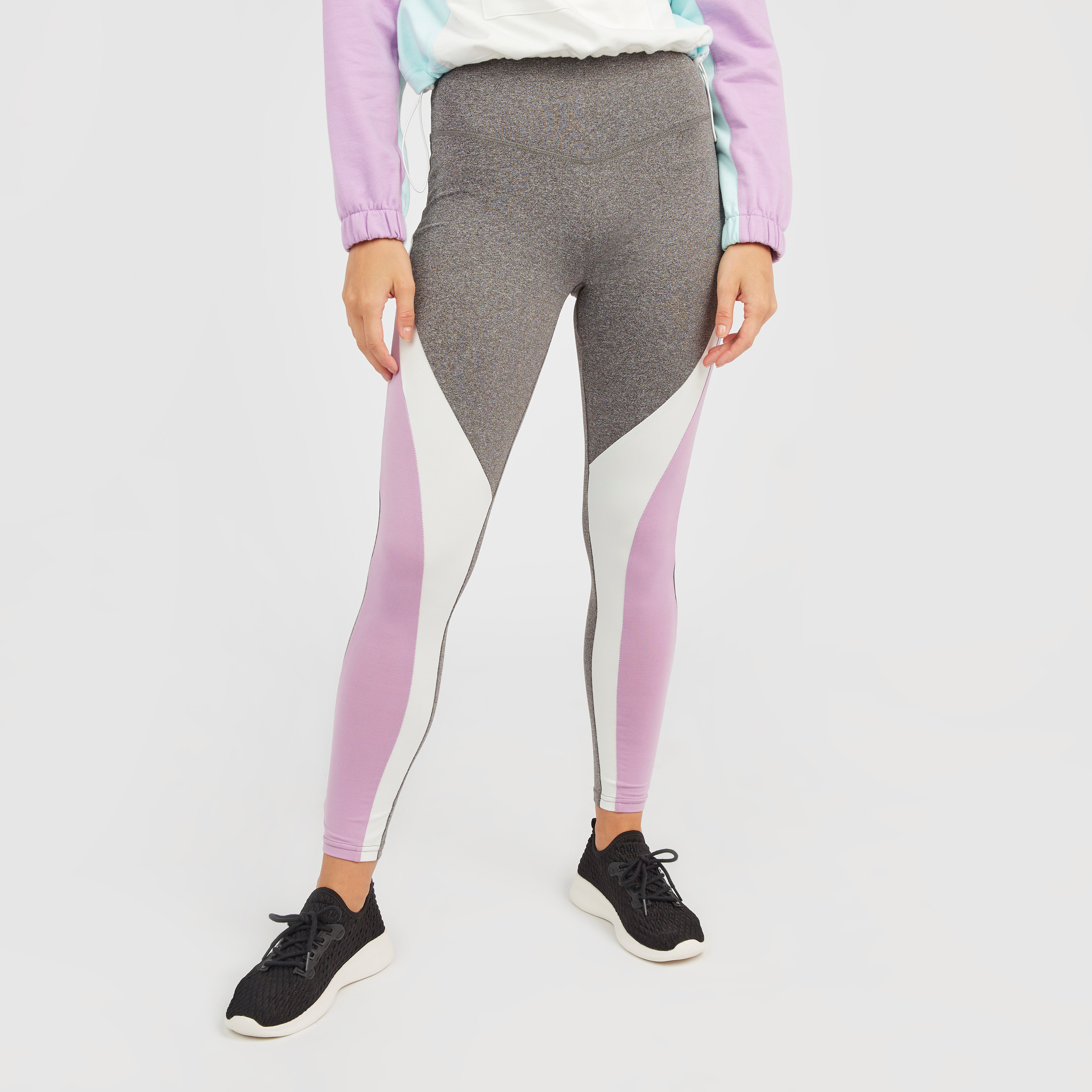 Shop Slim Fit Colour Block Leggings with Elasticised Waistband 