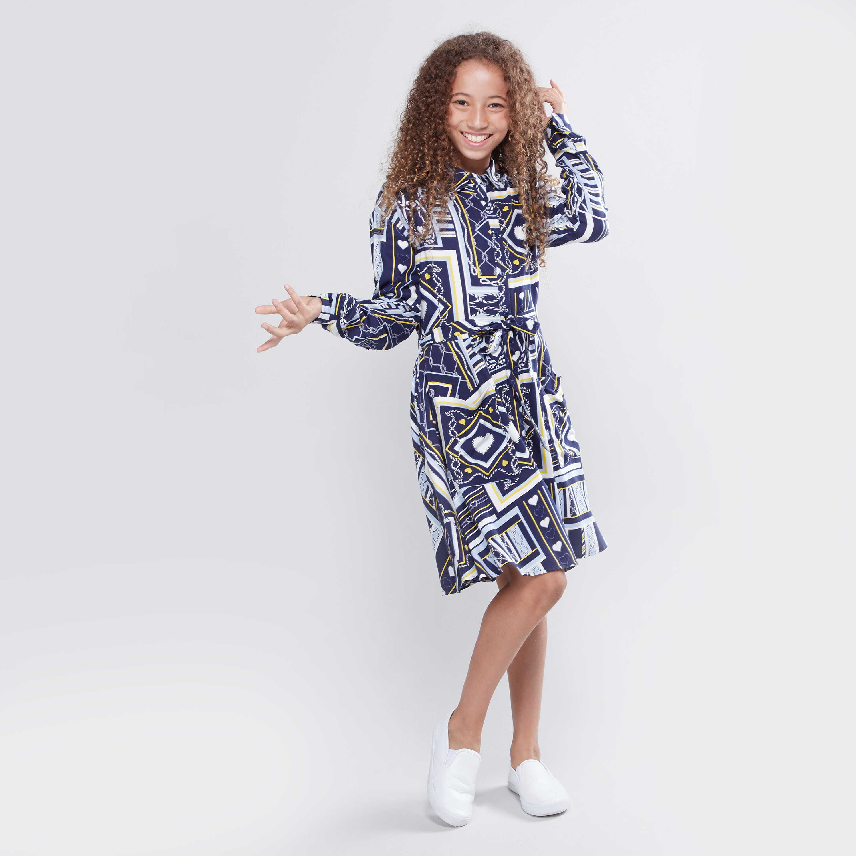 Shop Printed Dress with Long Sleeves and Tie Ups Online Max Bahrain