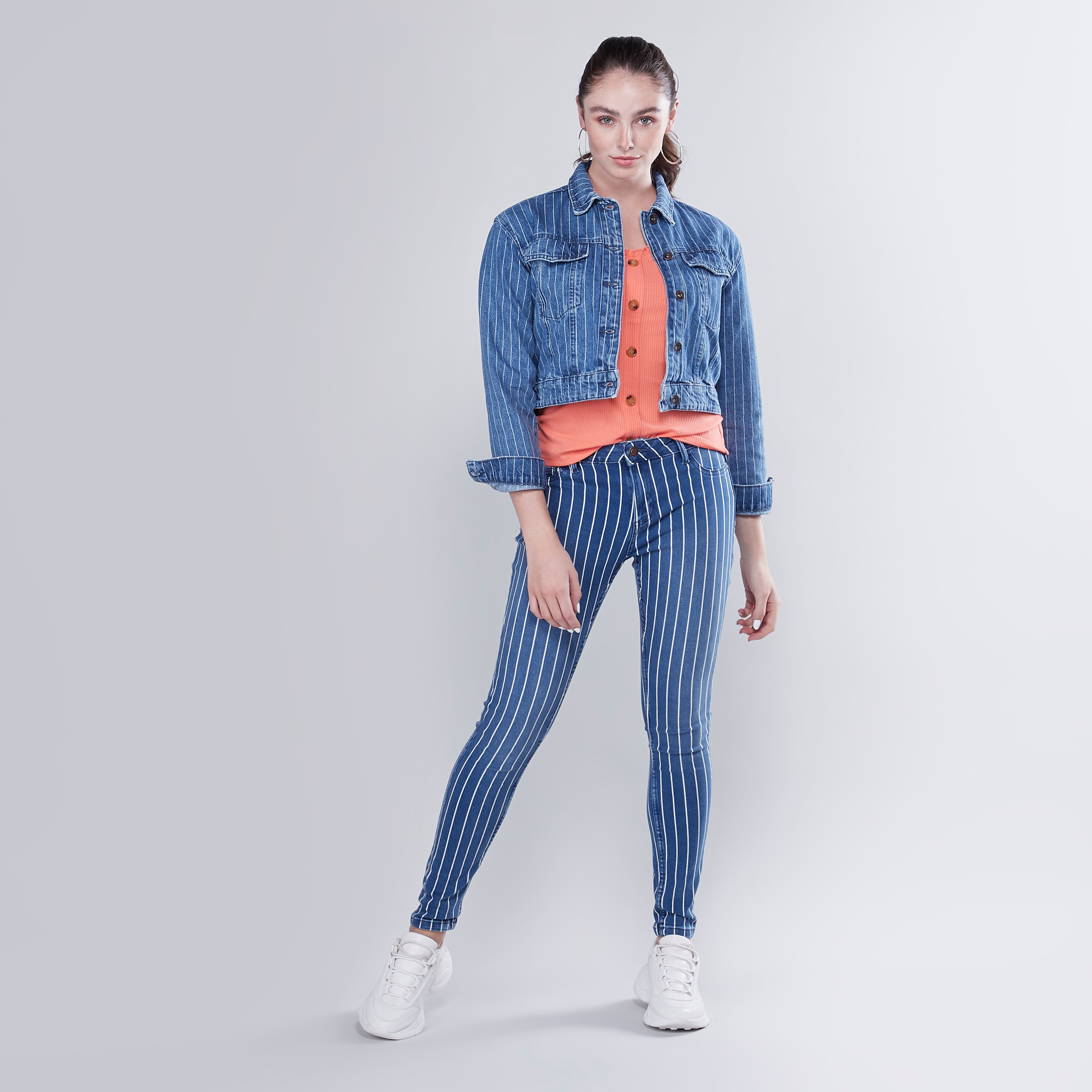 Denim jacket sales striped sleeve