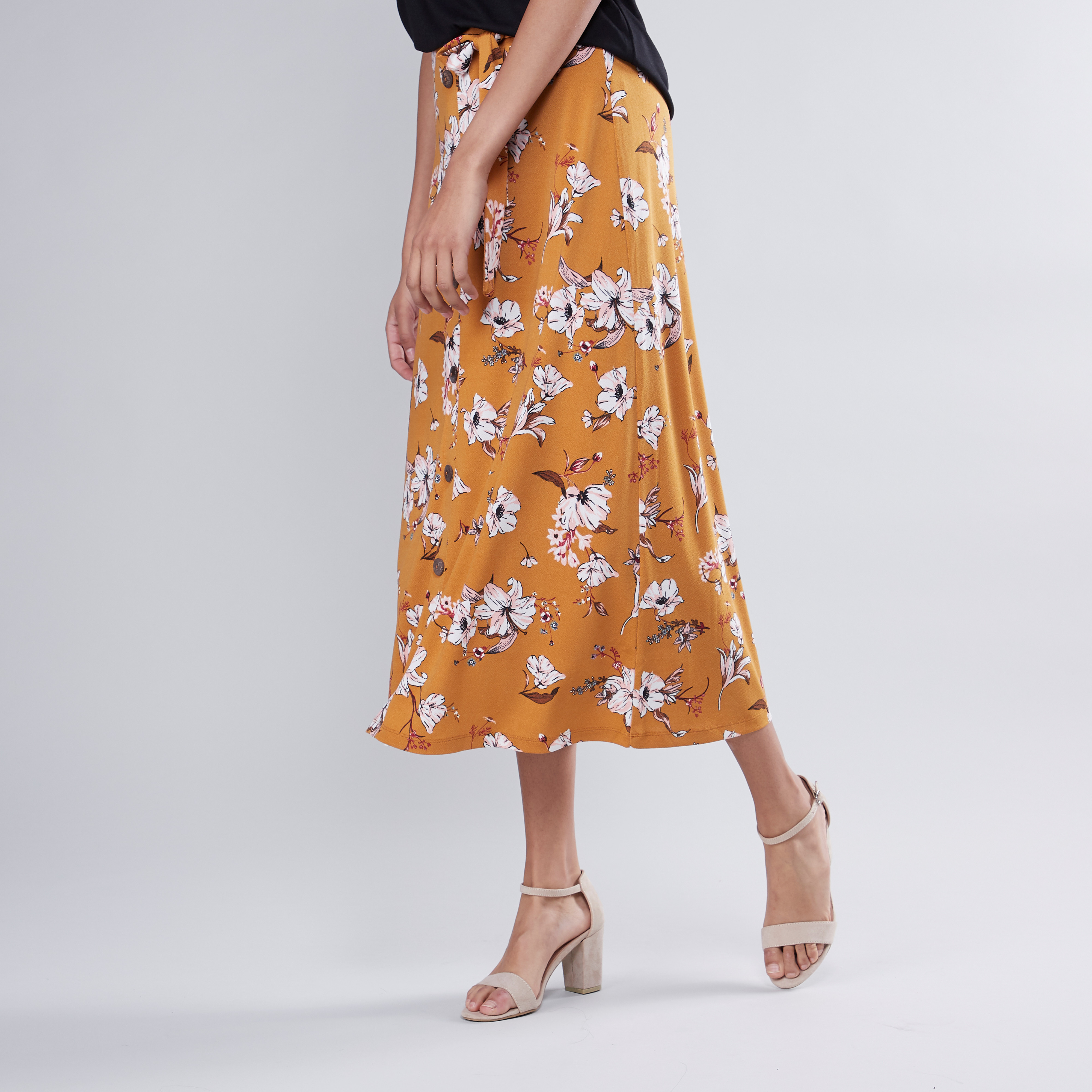 Orange floral outlet midi skirt