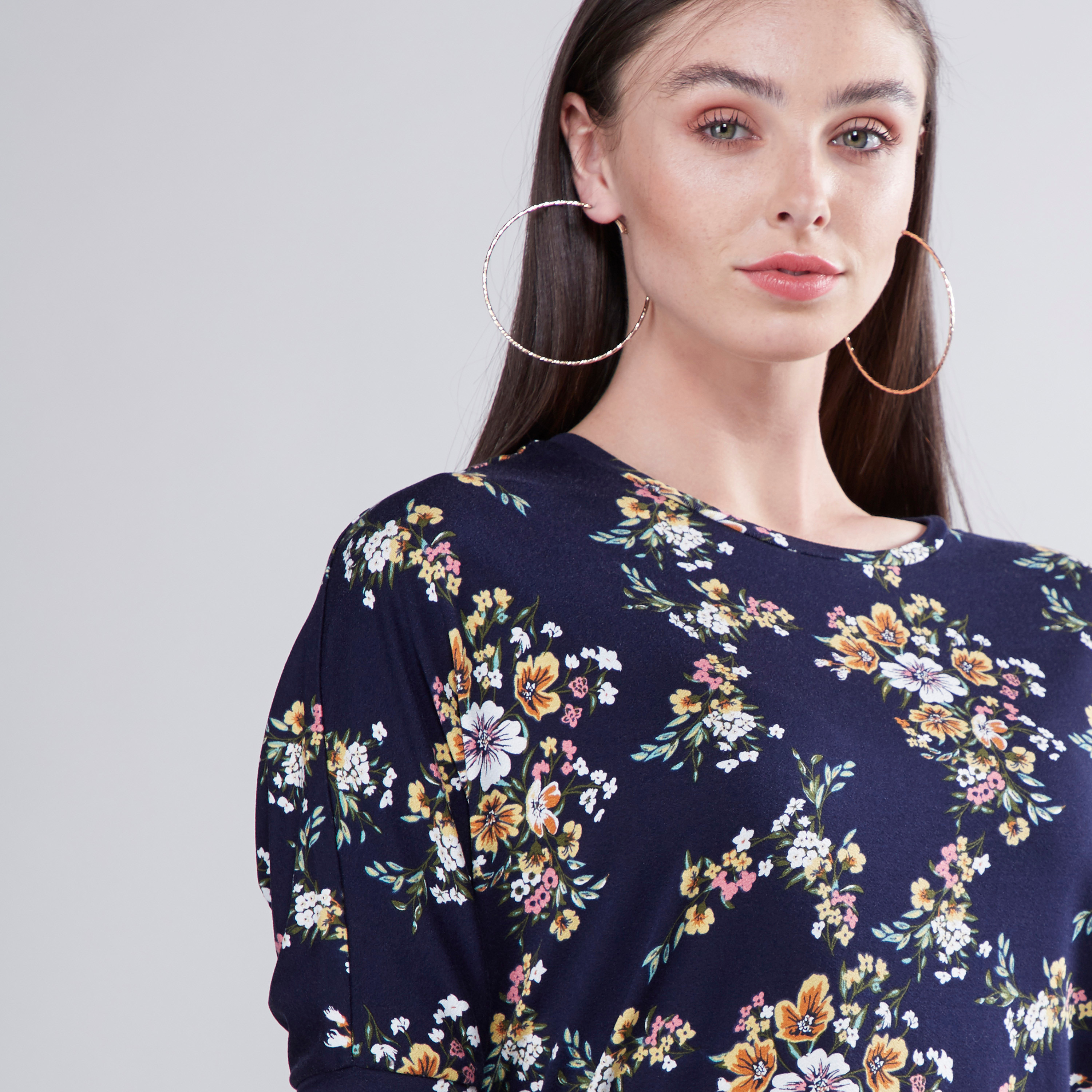 Shop Floral Print Round Neck Boxy Top with 3/4 Sleeves