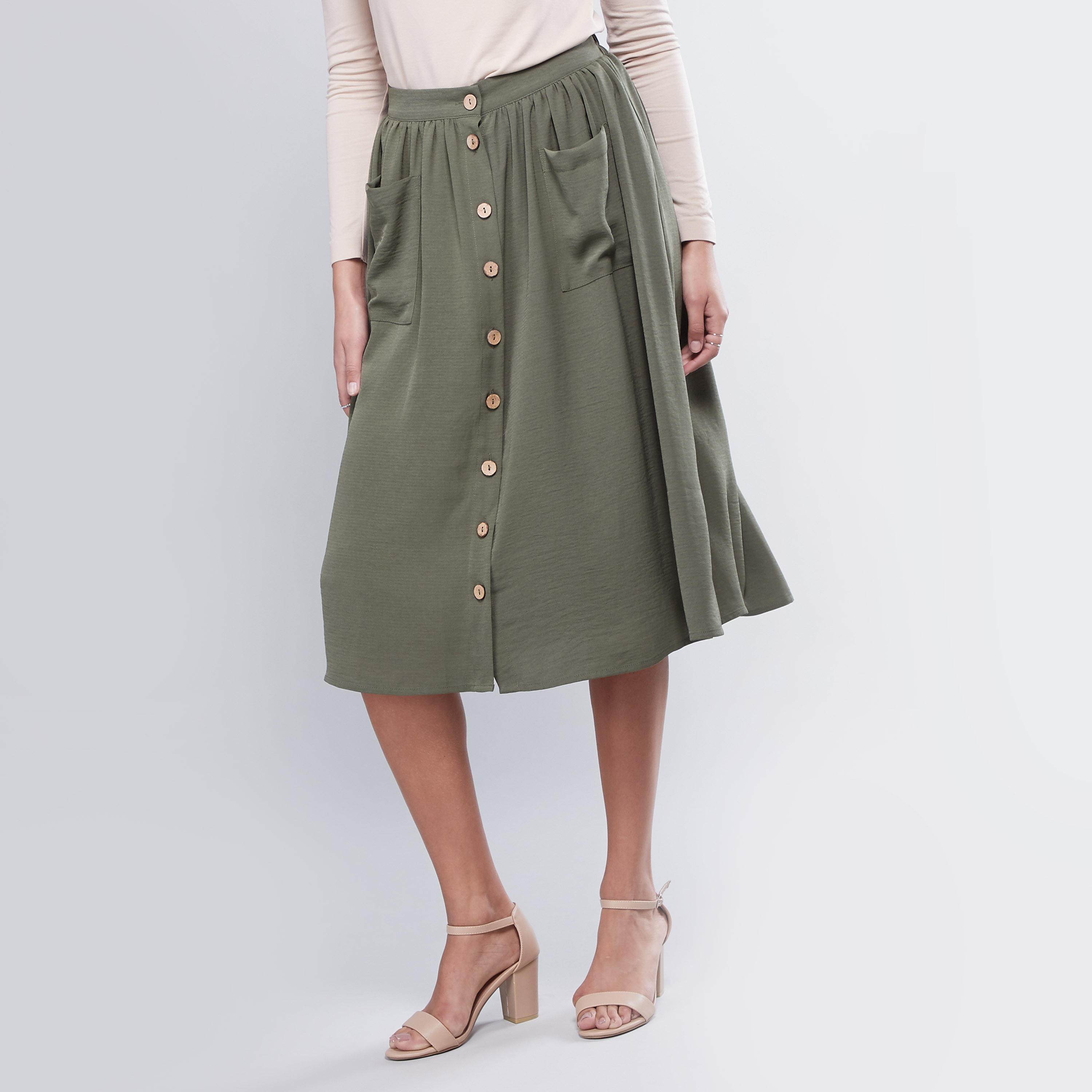 Shop Solid A-line Midi Skirt with Buttons Online | Max UAE