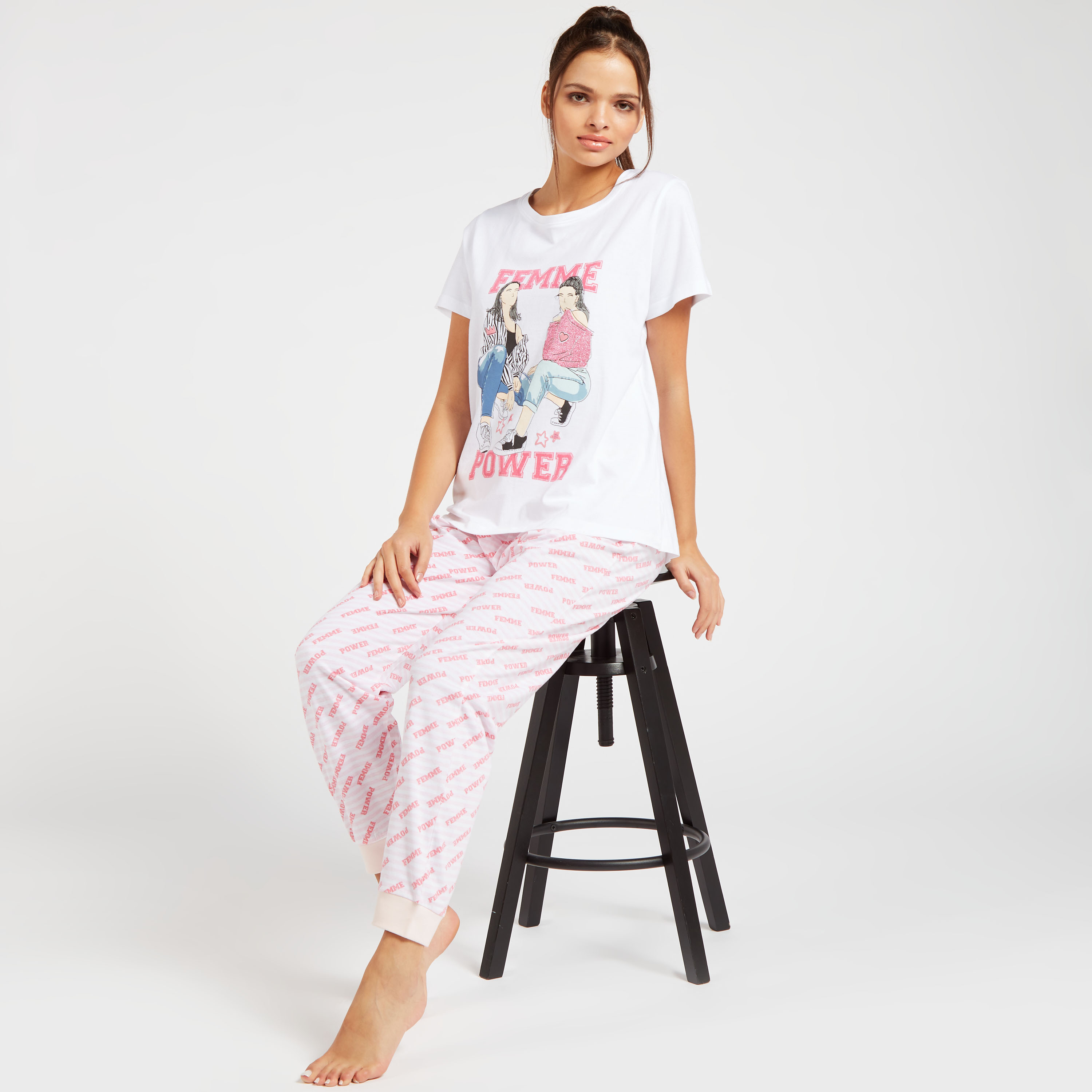 Shop Printed Short Sleeves T shirt and Full Length Pyjama Set