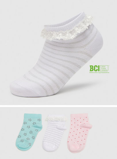 Set of 3 - Printed BCI Cotton Ankle Length Socks with Lace Detail