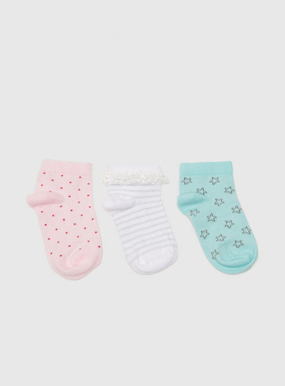 Set of 3 - Printed BCI Cotton Ankle Length Socks with Lace Detail
