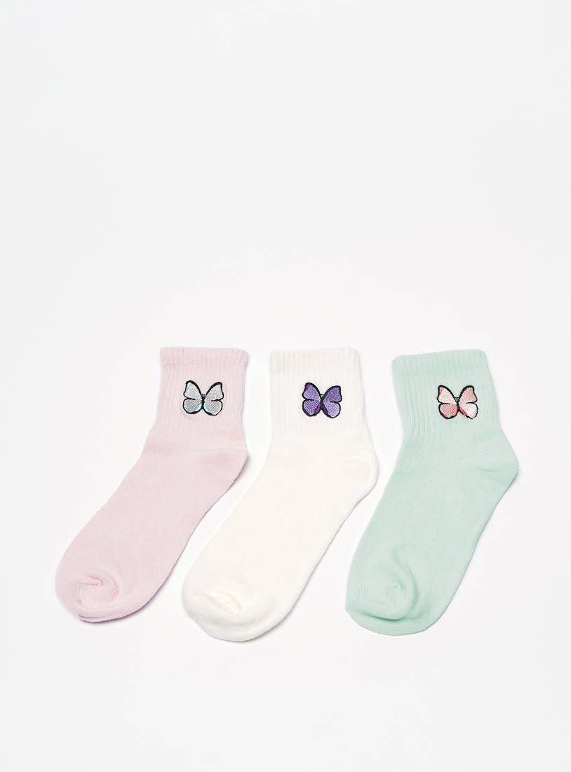 Pack of 3 - Butterfly Embroidered Crew Length Socks-Socks & Stockings-image-1