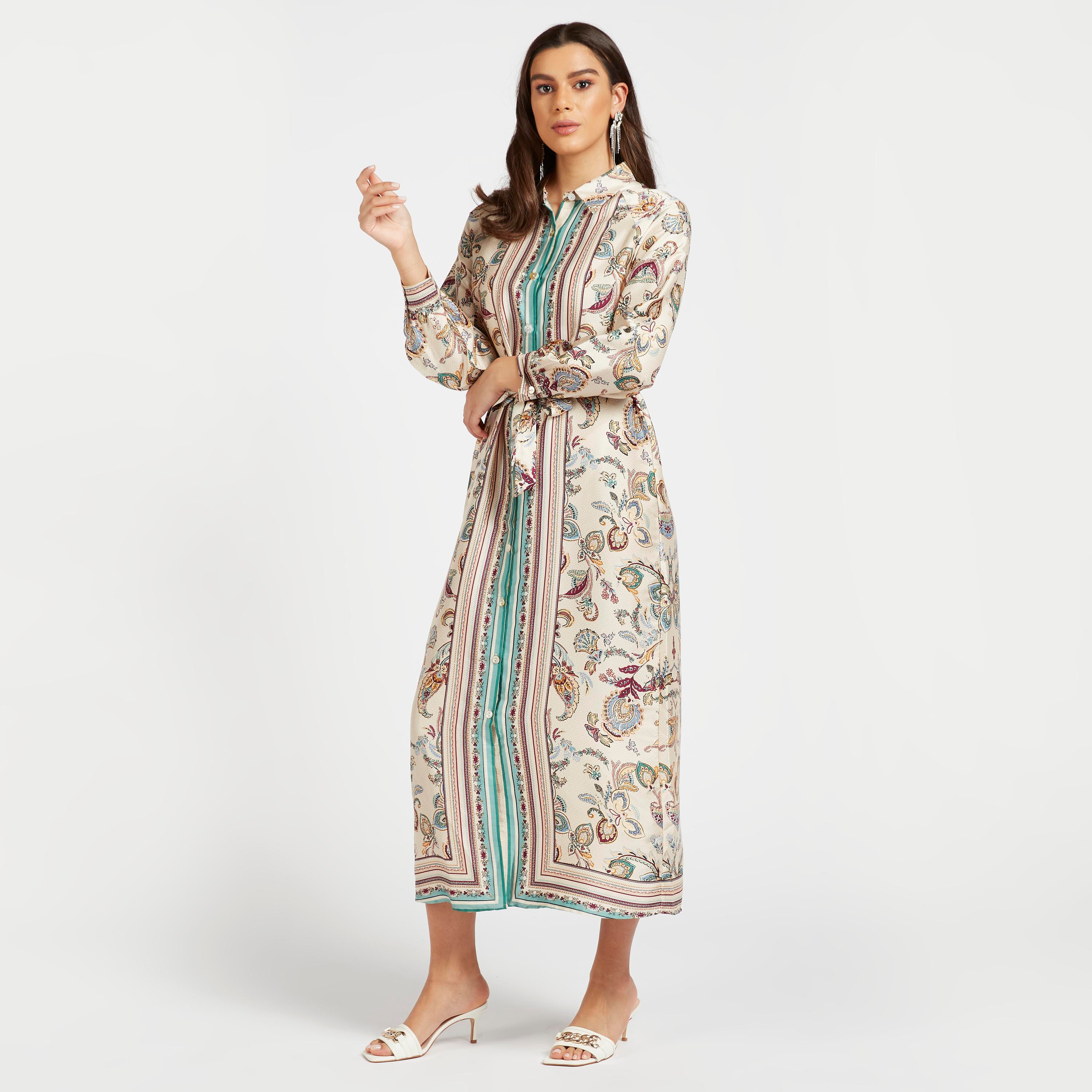 Shop Printed Maxi Shirt Dress with Long Sleeves and Tie Ups Online Max Bahrain