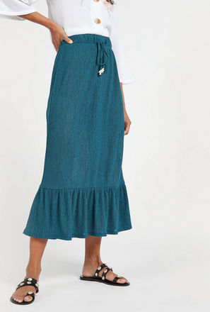 Textured Midi Tiered Skirt with Drawstring Closure