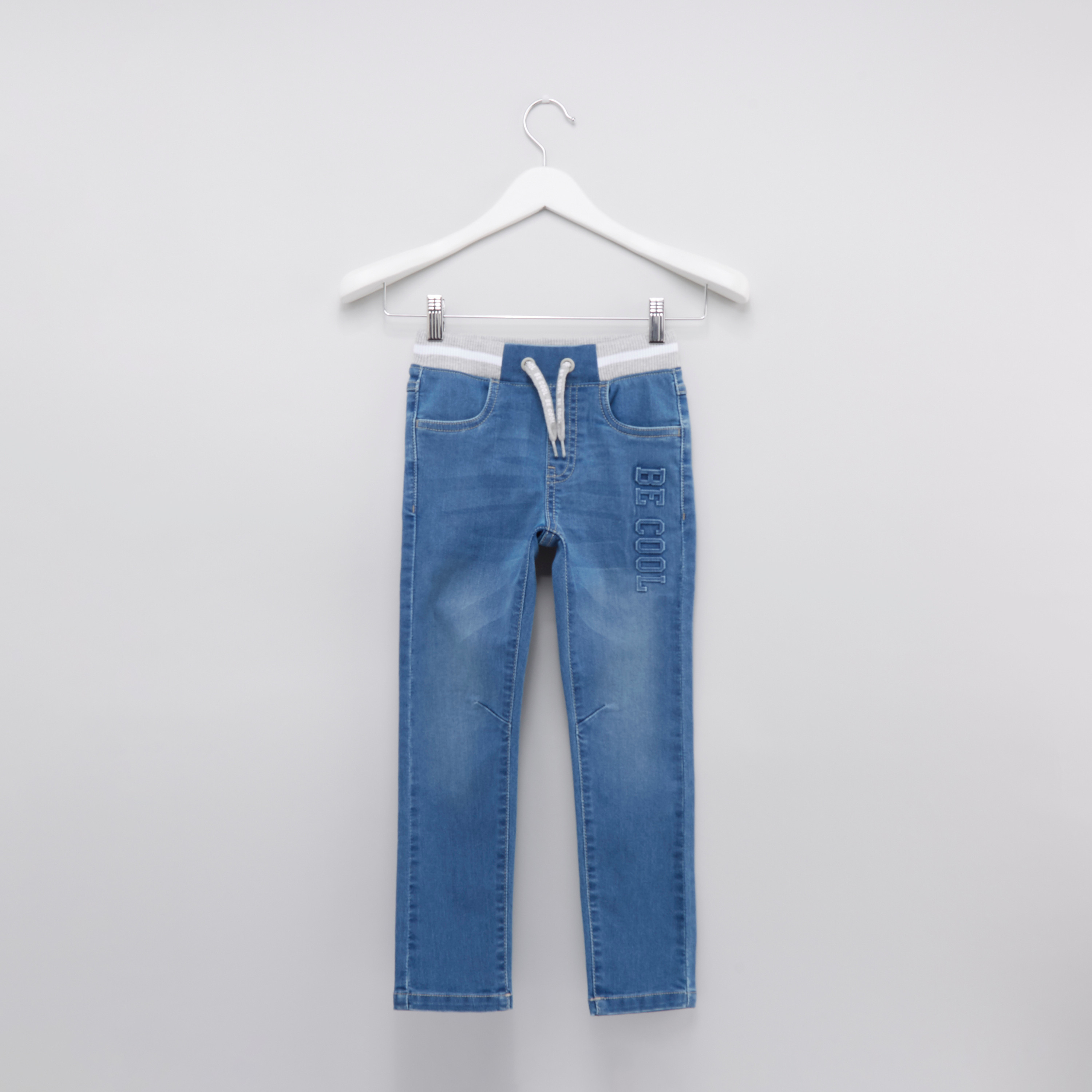 Shop Embossed Denim Pants with 4-Pockets and Drawstring Closure 